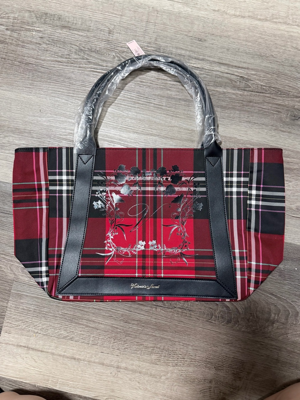 Victoria's Secret Red Plaid Tote with Black Trim